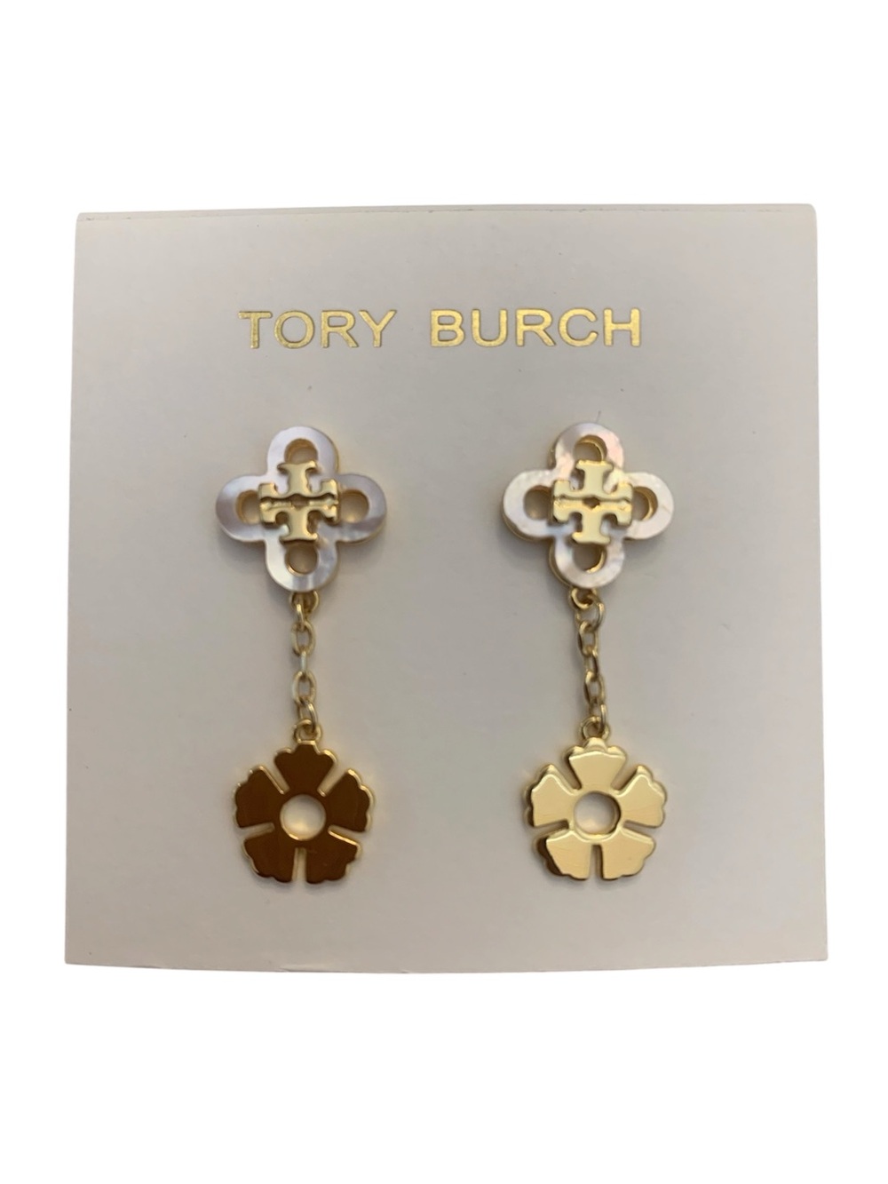 Tory Burch Gold and White Dangle Flower Logo Earrings